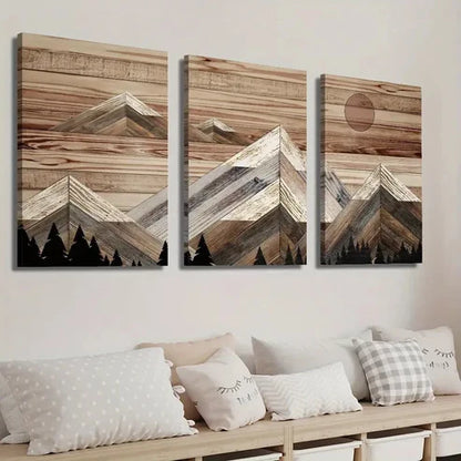 3pcs Mountains and Red Sun Background Wall Art Set Canvas Unframed - High Quality Print 100% Australian Made Wall Canvas