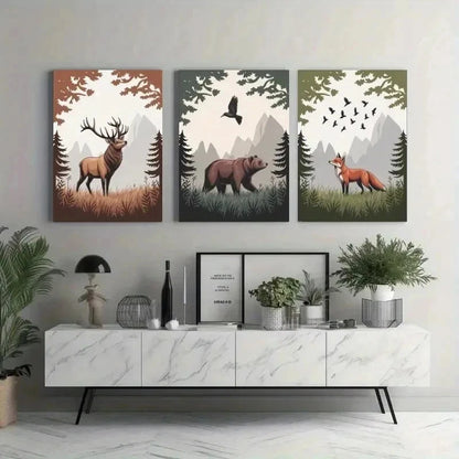 3pcs Deer, Bear, Fox, Pine Trees    Wall Art Set Canvas Framed 40x60cm - High Quality Print 100% Australian Made Wall Canvas Ready to Hang - Bella Home Decor