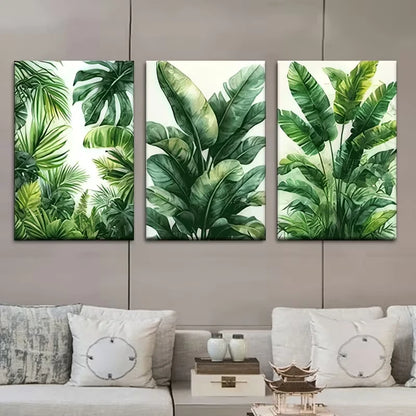 3pcs Green Palm Leaf Paintings Metal Print Ready to Hang Art - Bella Home Decor