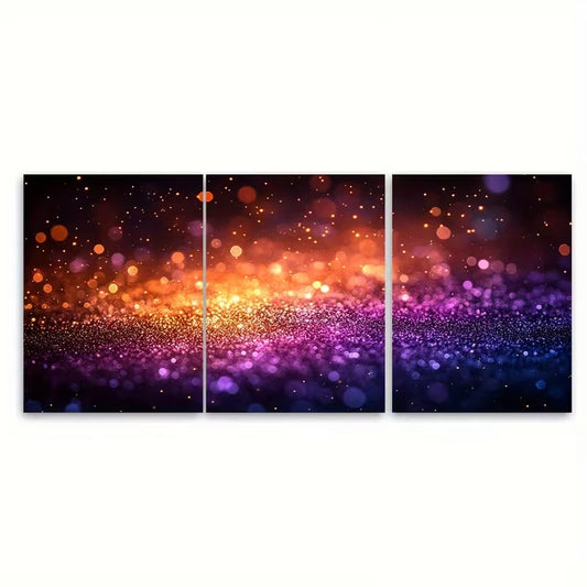 3pcs Golden Purple Star Bokeh Abstract Metal Print Ready to Hang Art - Bella Home Decor