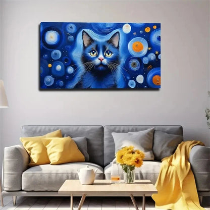 Mystical Blue Cat With Vibrant Wall Art Canvas Office Home Room Framed 120x60cm