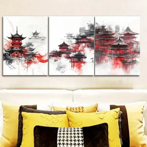 3pcs Traditional Chinese Architecture Wall Art Set Canvas Unframed - High Quality Print 100% Australian Made Wall Canvas