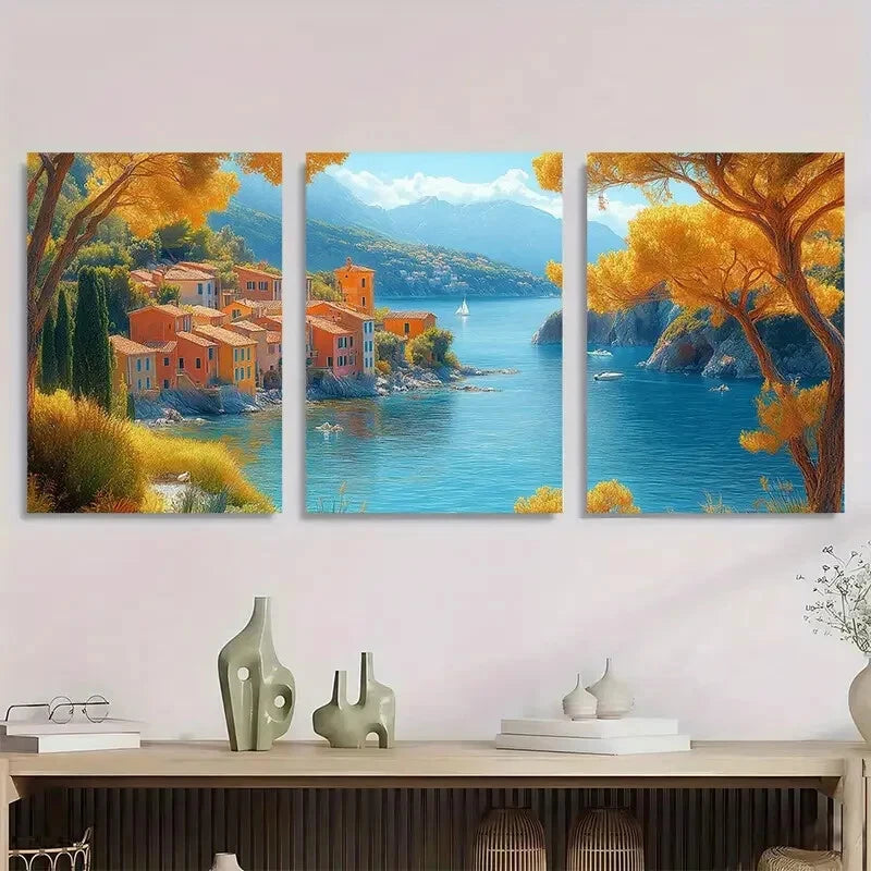 3pcs Vibrant Extra Mediterranean Landscape Metal Print Ready to Hang Art - Bella Home Decor