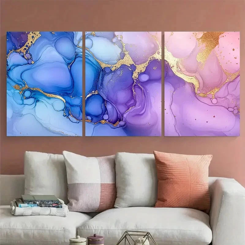 3pcs Blue Purple Golden Marbling Fluid Design Metal Print Ready to Hang Art - Bella Home Decor
