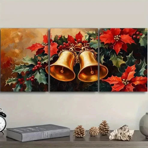 3pcs Golden Bell & Holly Christmas Decorations Wall Art Canvas Unframed - High Quality Print 100% Australian Made Wall Canvas - Bella Home Decor