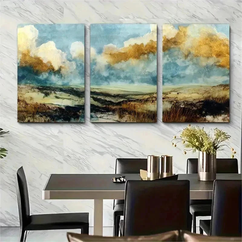 3pcs Golden Clouds Over Grasslands Perfect Wall Art Set Canvas Framed 50x70cm - High Quality Print 100% Australian Made Wall Canvas Ready to Hang - Bella Home Decor