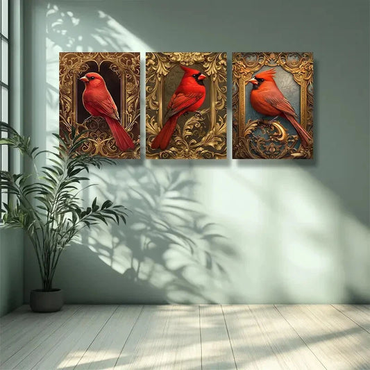 3pcs Red bird. Art Painting Wall Art Set Canvas Framed 40x60cm - High Quality Print 100% Australian Made Wall Canvas Ready to Hang