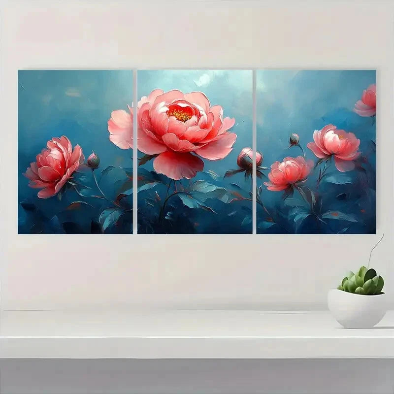 3pcs Elegant Peony Flower Pink & Blue Floral Metal Print Ready to Hang Art - Bella Home Decor