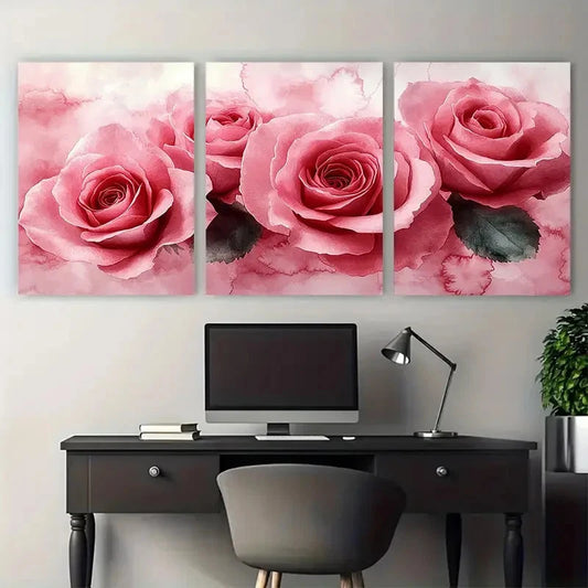 3pcs Blush Pink Roses Watercolor Abstract Design Metal Print Ready to Hang Art