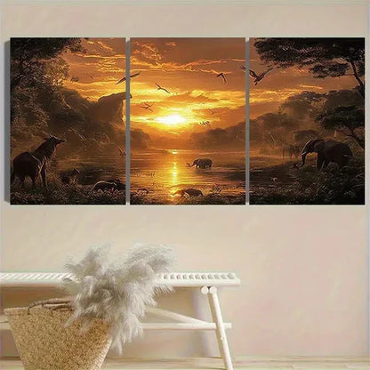 3pcs African Wildlife at Sunset Wall Art Set Canvas Unframed - High Quality Print 100% Australian Made Wall Canvas - Bella Home Decor