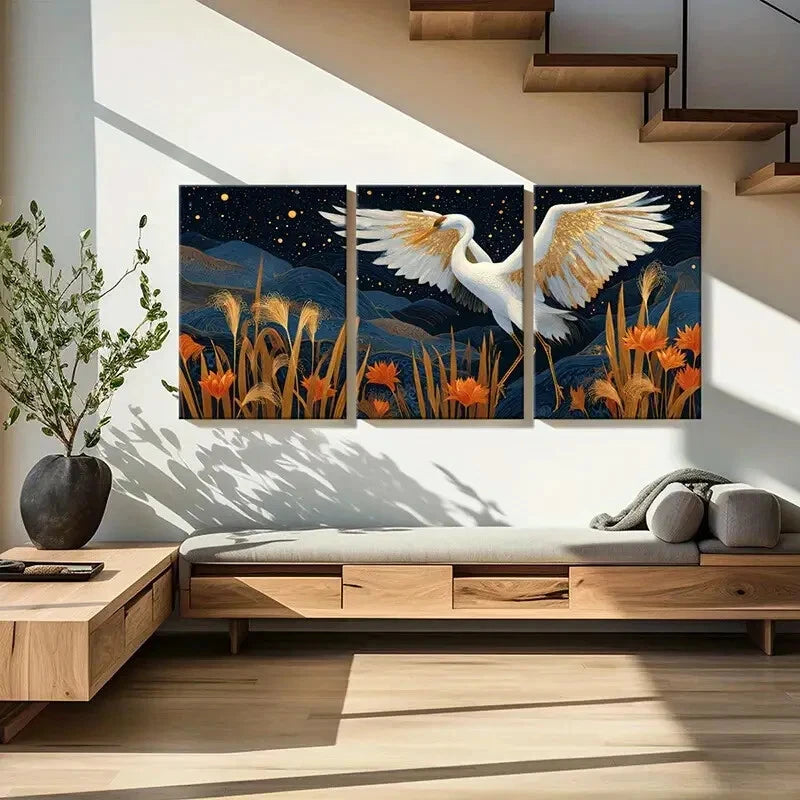 3pcs Elegant Crane Starry Night Golden Wings Metal Print Ready to Hang Art - Bella Home Decor