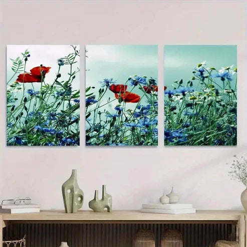 3pcs Beautiful Red Poppy and Blue Flower Wall Art Set Canvas Unframed - High Quality Print 100% Australian Made Wall Canvas - Bella Home Decor