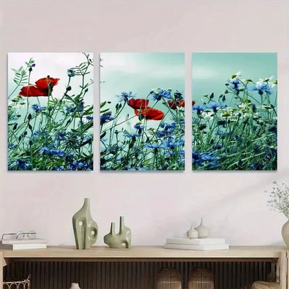 3pcs Beautiful Red Poppy and Blue Flower Wall Art Set Canvas Unframed - High Quality Print 100% Australian Made Wall Canvas - Bella Home Decor