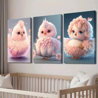 3pcs Adorable Pink Chick with Floral Accents Wall Art Canvas Unframed - High Quality Print 100% Australian Made Wall Canvas - Bella Home Decor