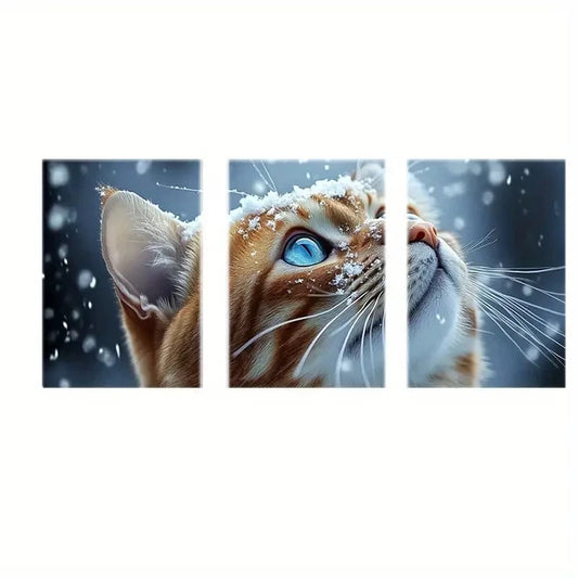 3pcs A Cat In Snow Abstract Art Painting Metal Print Ready to Hang Art