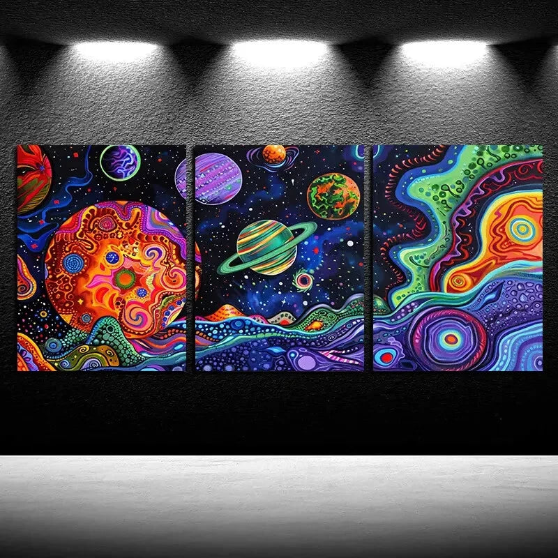 3pcs Vibrant Spiral Starry Sky and Planets Design Metal Print Ready to Hang Art - Bella Home Decor