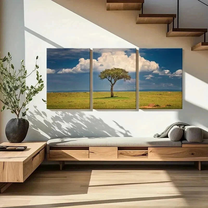 3pcs Blue Sky White Clouds Grassland & Tree Wall Art Set Canvas Framed 40x60cm - High Quality Print 100% Australian Made Wall Canvas Ready to Hang - Bella Home Decor