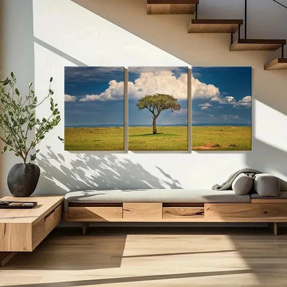 3pcs Blue Sky White Clouds Grassland & Tree Wall Art Set Canvas Framed 40x60cm - High Quality Print 100% Australian Made Wall Canvas Ready to Hang - Bella Home Decor