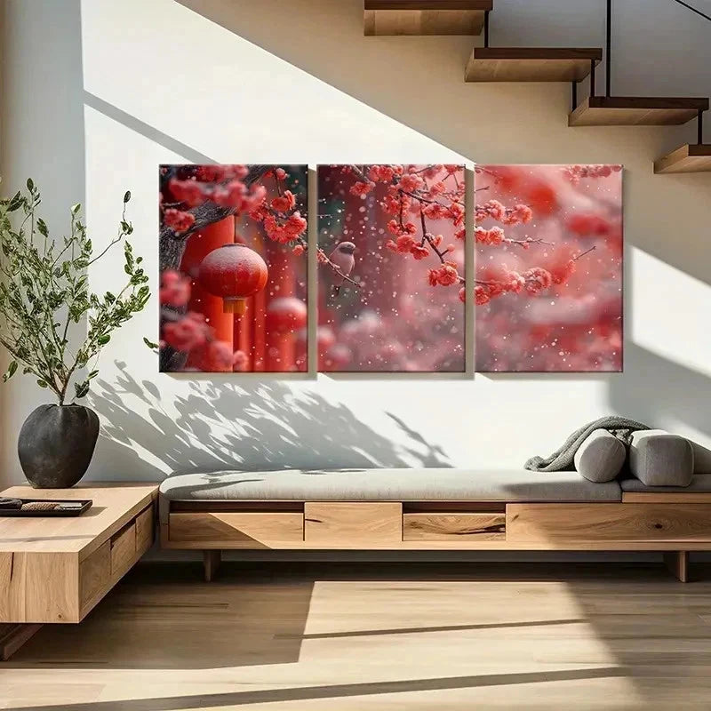 3pcs Red Festive Plum Blossoms Chinese Wall Art Set Canvas Framed 60x90cm - High Quality Print 100% Australian Made Wall Canvas Ready to Hang