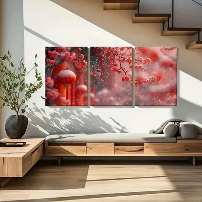 3pcs Red Festive Plum Blossoms Chinese Wall Art Set Canvas Framed 60x90cm - High Quality Print 100% Australian Made Wall Canvas Ready to Hang