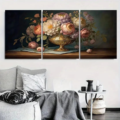 3pcs Vintage Peony Bouquet Oil Painting Wall Art Set Canvas Framed 60x90cm - High Quality Print 100% Australian Made Wall Canvas Ready to Hang - Bella Home Decor