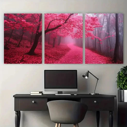 3pcs Enchanting Forest Pink and Red Misty Scene Wall Art Set Canvas Unframed - High Quality Print 100% Australian Made Wall Canvas