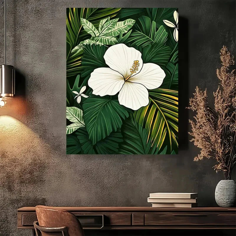 Beautiful Tropical White Hibiscus Green Leaves & Palm 40x60cm Metal Print Ready to Hang - Bella Home Decor