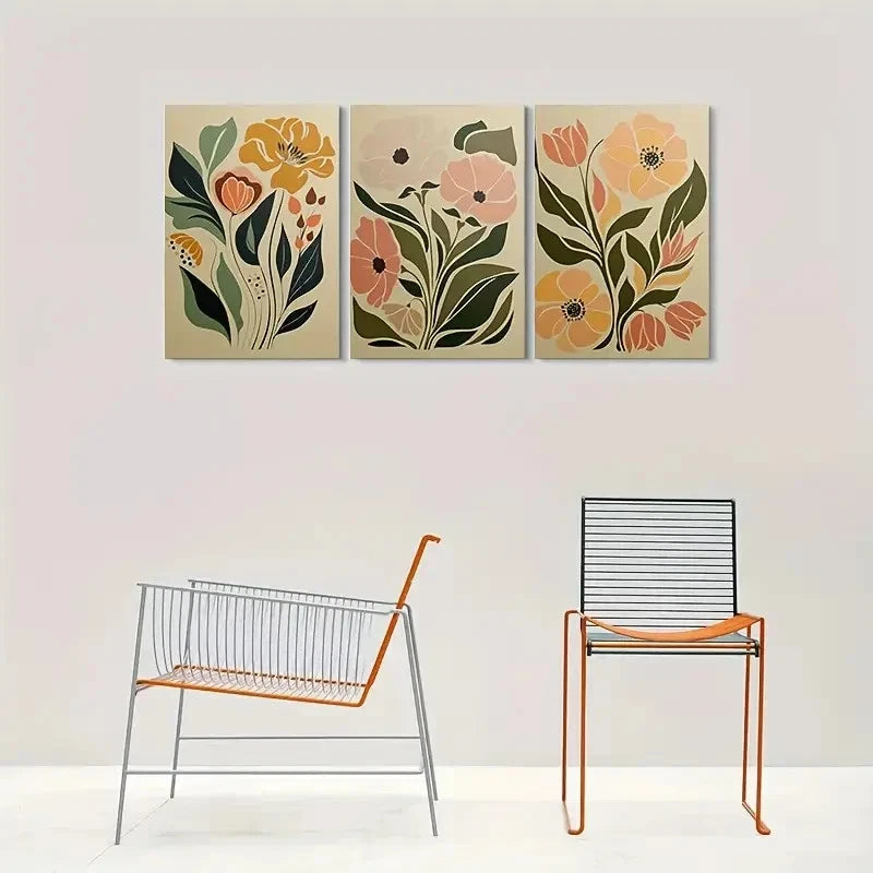 3pcs Neutral Colors Green Leaves & Pink Flowers Wall Art Set Canvas Framed 40x60cm - High Quality Print 100% Australian Made Wall Canvas Ready to Hang