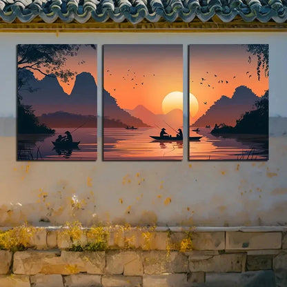 3pcs Fishing Boats on The Sea Surface with Sunset Metal Print Ready to Hang Art - Bella Home Decor