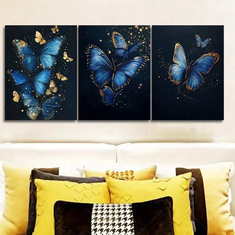 3pcs Modern Art Deco Blue Morpho Butterfly  Wall Art Set Canvas Framed 50x70cm - High Quality Print 100% Australian Made Wall Canvas Ready to Hang
