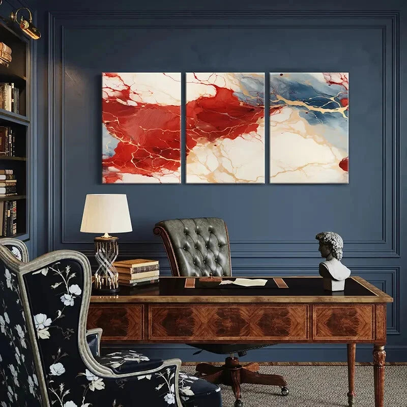 3pcs Red Blue White Golden Veins Marble Texture Metal Print Ready to Hang Art - Bella Home Decor