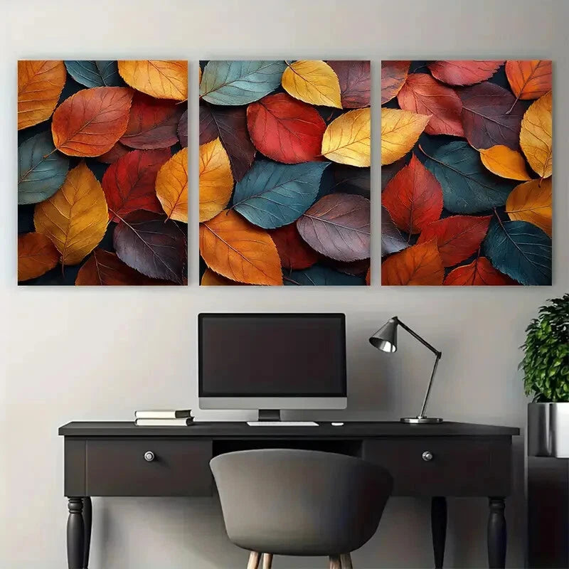 3pcs Vibrant Modern Abstract Autumn Leaves Metal Print Ready to Hang Art - Bella Home Decor