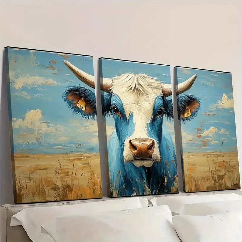 3pcs Blue & White Bull with Yellow Tags  Wall Art Set Canvas Framed 40x60cm - High Quality Print 100% Australian Made Wall Canvas Ready to Hang - Bella Home Decor