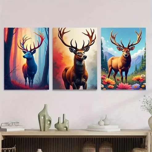 3pcs Colorful Deer Forest Wildlife & Floral Wall Art Set Canvas Unframed - High Quality Print 100% Australian Made Wall Canvas - Bella Home Decor