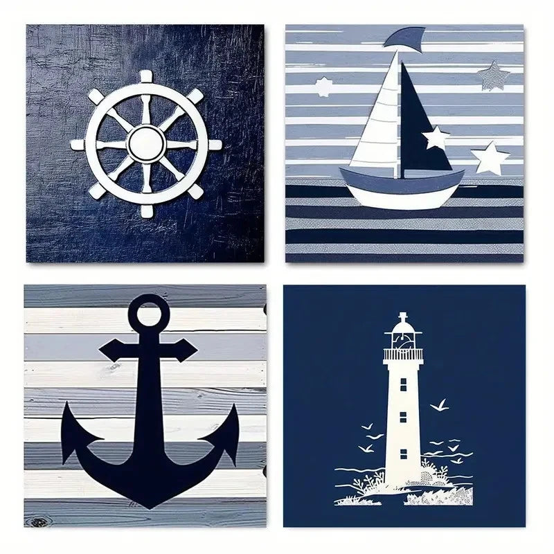 4pcs Anchor, Ship Wheel, Sailboat, Lighthouse Wall Art Canvas Framed