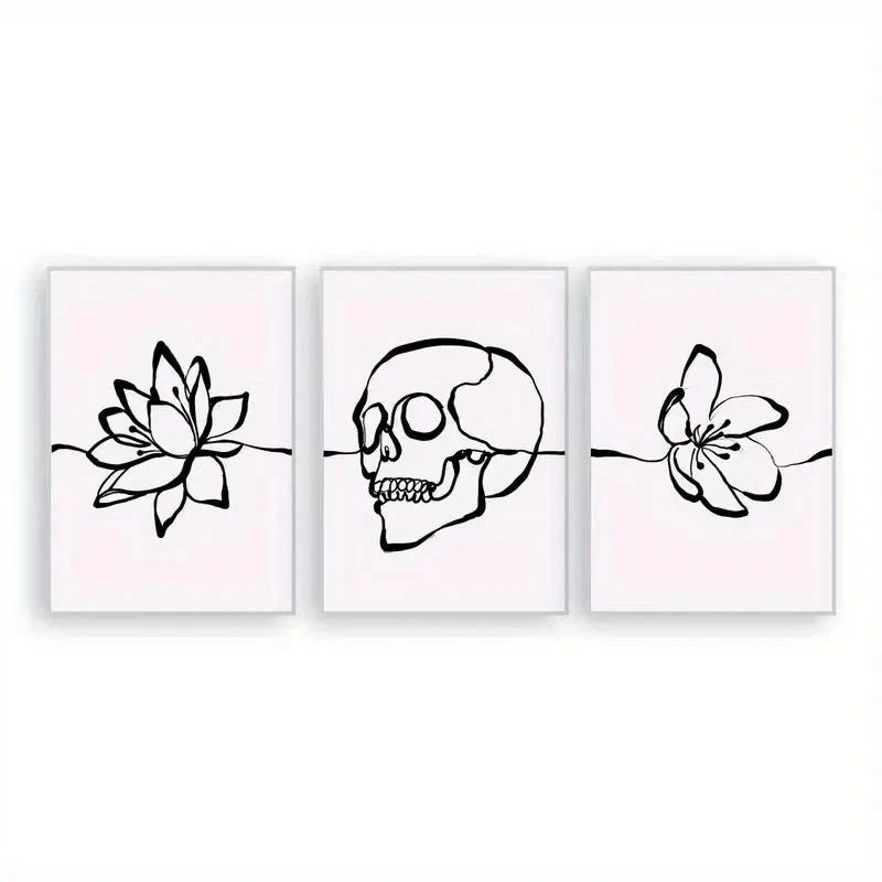 3pcs Skull Art Print Set  Black & White Line Wall Art Set Canvas Framed 60x90cm - High Quality Print 100% Australian Made Wall Canvas Ready to Hang