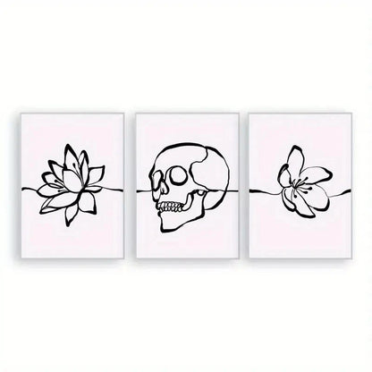 3pcs Skull Art Print Set  Black & White Line Wall Art Set Canvas Framed 60x90cm - High Quality Print 100% Australian Made Wall Canvas Ready to Hang