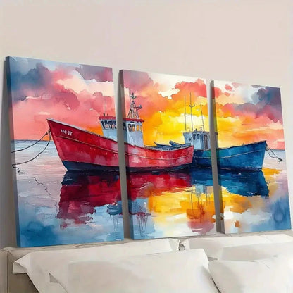 3pcs Marina Painting Sailboat Watercolor Fish E   Wall Art Set Canvas Framed 50x70cm - High Quality Print 100% Australian Made Wall Canvas Ready to Hang