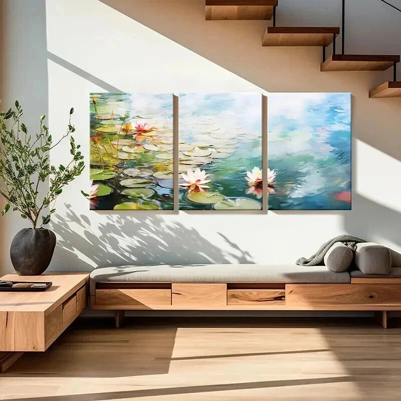 3pcs Abstract Lotus Pond And Flowers Wall Art Set Canvas Framed 50x70cm - High Quality Print 100% Australian Made Wall Canvas Ready to Hang - Bella Home Decor