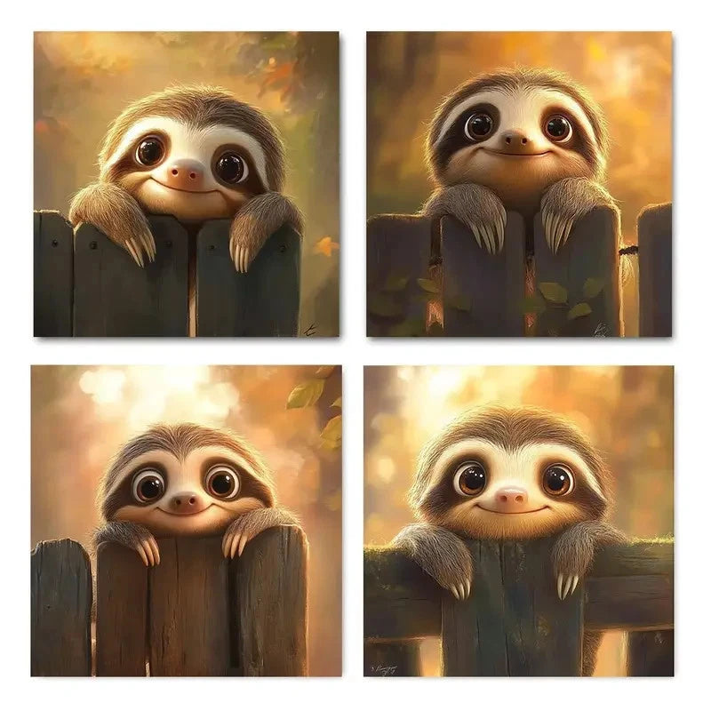 4pcs Sloth on Wooden FenceWall Art Canvas Framed