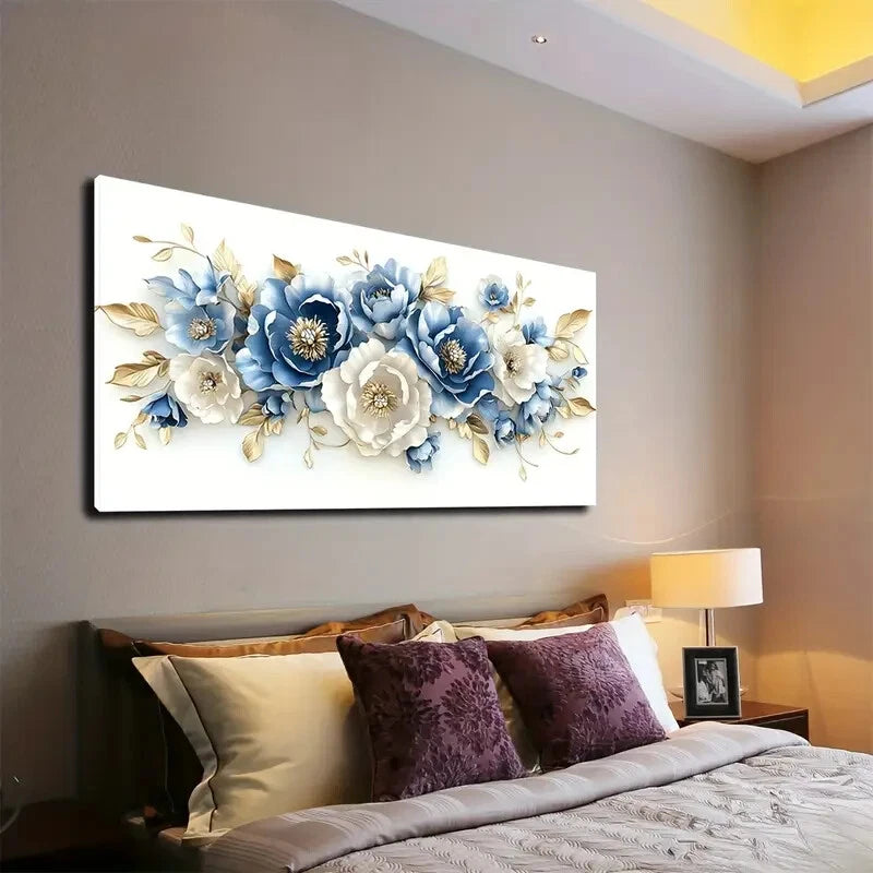 Blue & White Flower Design Wall Art canvas office home room framed 120x60cm - Bella Home Decor