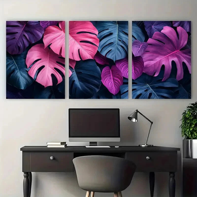 3pcs Vibrant Tropical Jungle Pink Purple Foliage Metal Print Ready to Hang Art - Bella Home Decor