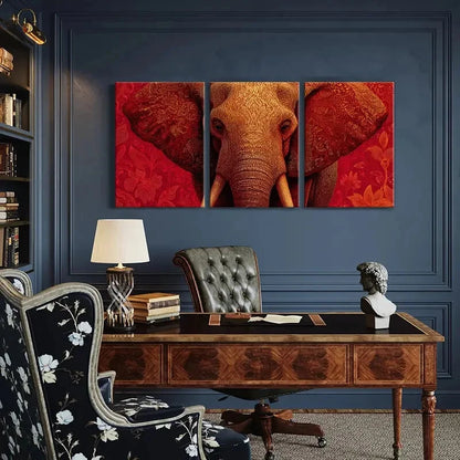3pcs Elephant Art Intricate Design Red Background Metal Print Ready to Hang Art - Bella Home Decor