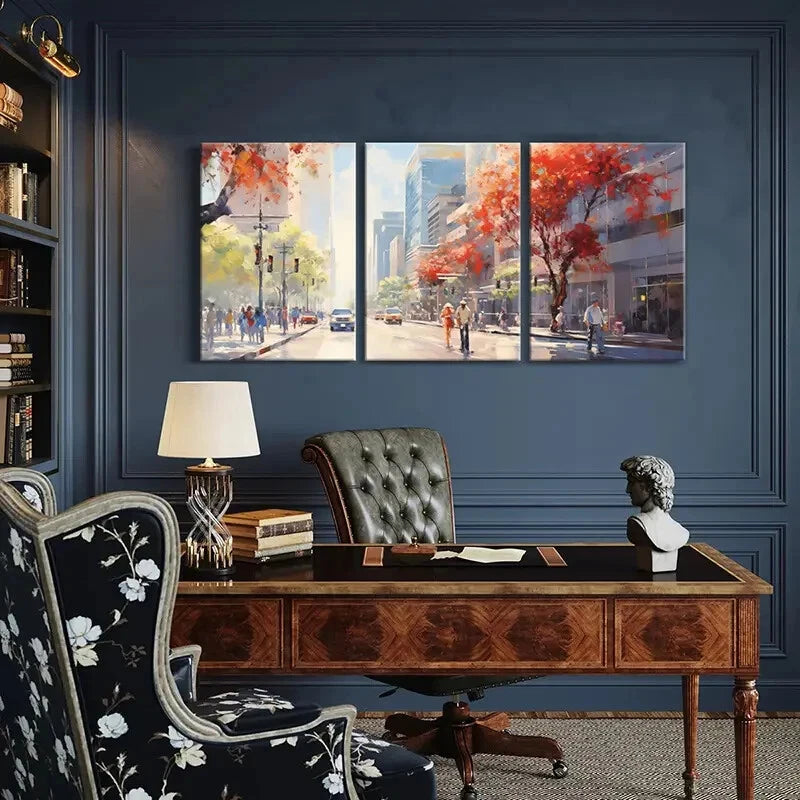 3pcs Abstract Cityscape Autumn Trees Urban Life Metal Print Ready to Hang Art - Bella Home Decor