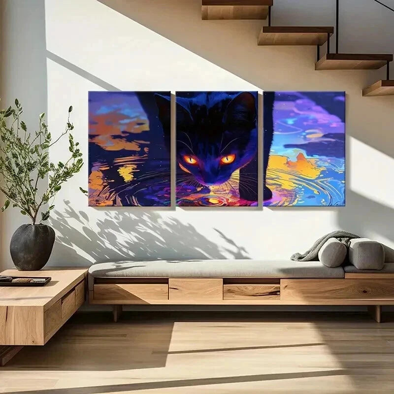 3pcs Psychedelic Abstract Aesthetic Black Cat Wall Art Set Canvas Framed 50x70cm - High Quality Print 100% Australian Made Wall Canvas Ready to Hang - Bella Home Decor