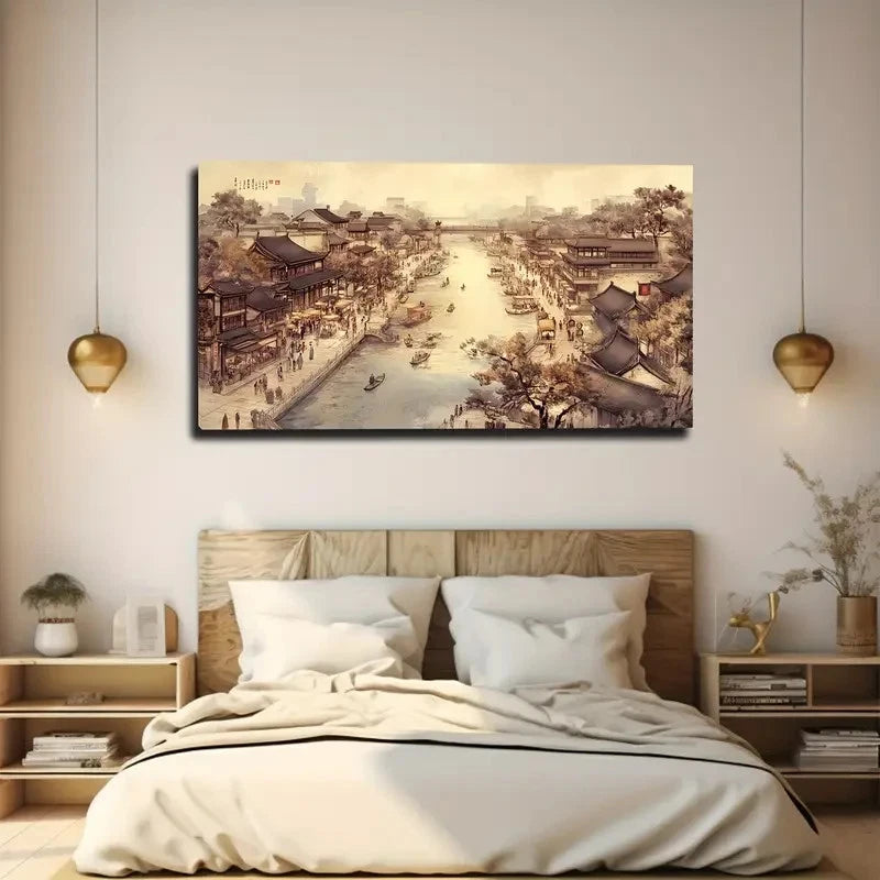 Chinese Cityscape Wall Art Canvas Office Home Room Framed 120x60cm