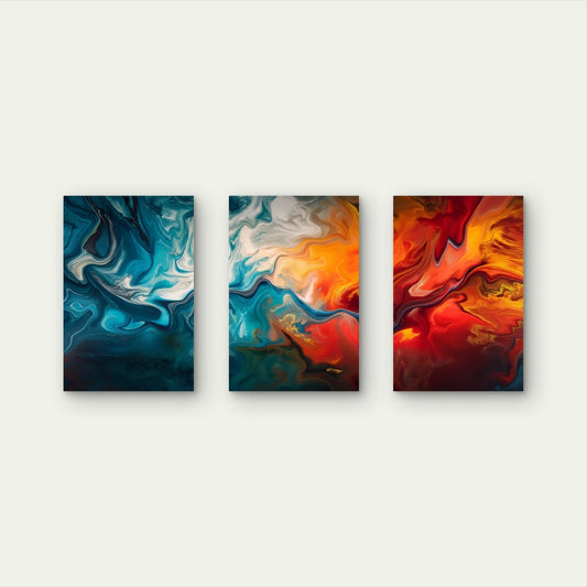 3pcs Teal Blue Fiery Red Orange Abstract Wall Art Set Canvas Framed 40x60cm - High Quality Print 100% Australian Made Wall Canvas Ready to Hang