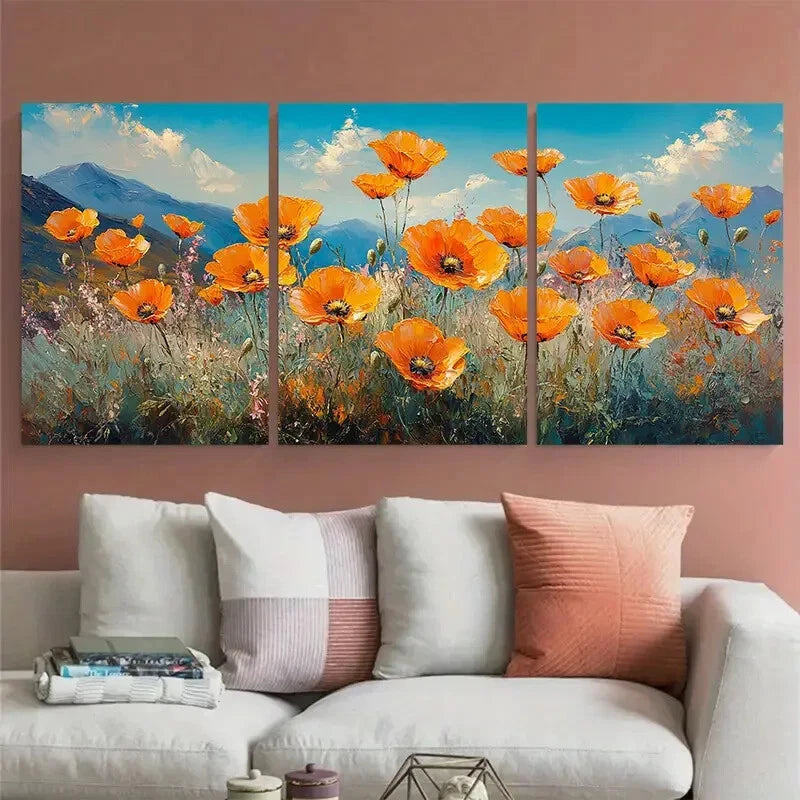 3pcs California Poppy Flowers Landscape Metal Print Ready to Hang Art - Bella Home Decor
