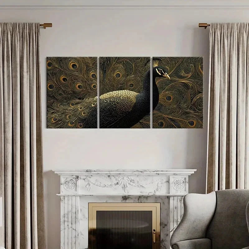 3pcs Elegant Peacock Golden Feathers Intricate Metal Print Ready to Hang Art
