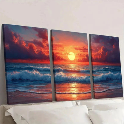 3pcs Beach Sunset Vibrant Abstract Ocean Waves Wall Art Set Canvas Framed 50x70cm - High Quality Print 100% Australian Made Wall Canvas Ready to Hang - Bella Home Decor